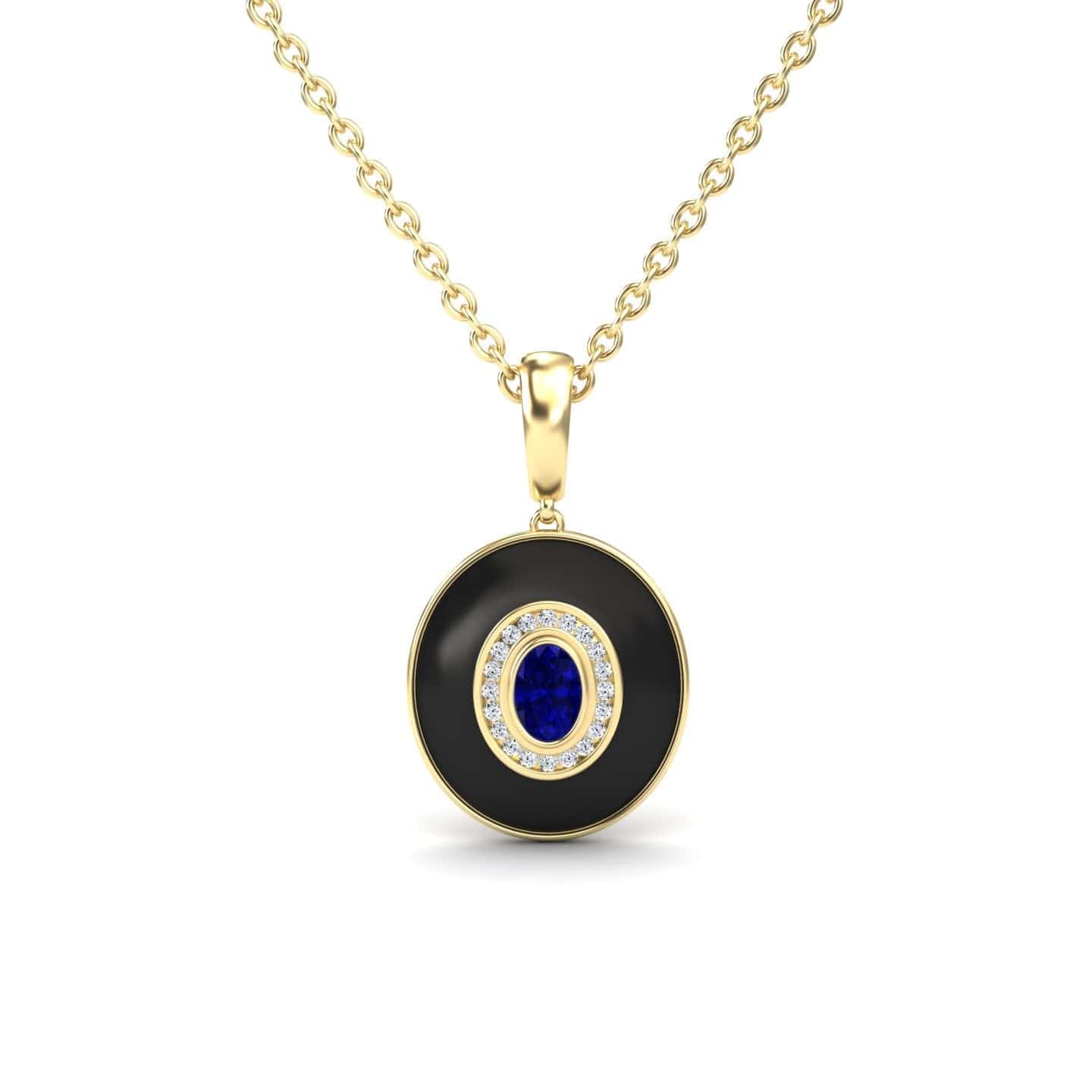 Blue Sapphire & Diamond Black Enamel Halo Necklace - Edith