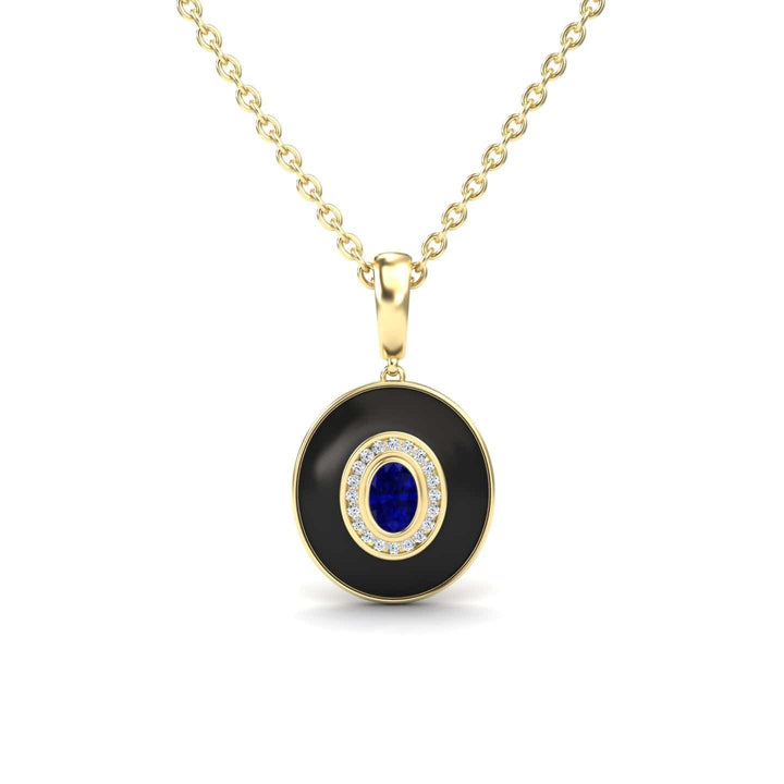 Blue Sapphire & Diamond Black Enamel Halo Necklace - Edith