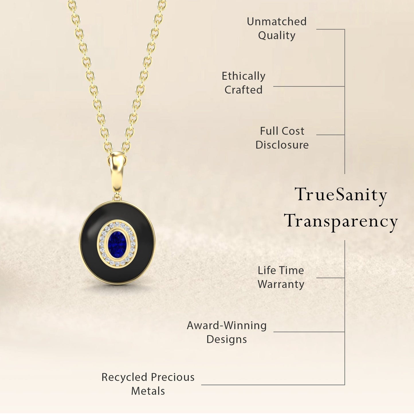 Blue Sapphire & Diamond Black Enamel Halo Necklace - Edith