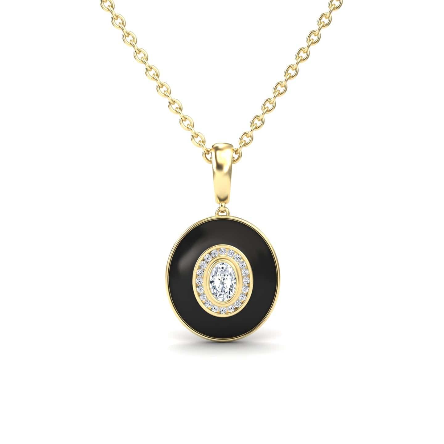 White Diamond Black Enamel Halo Necklace - Edith