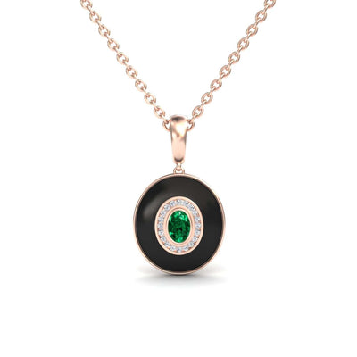 Emerald & Diamond Black Enamel Halo Necklace