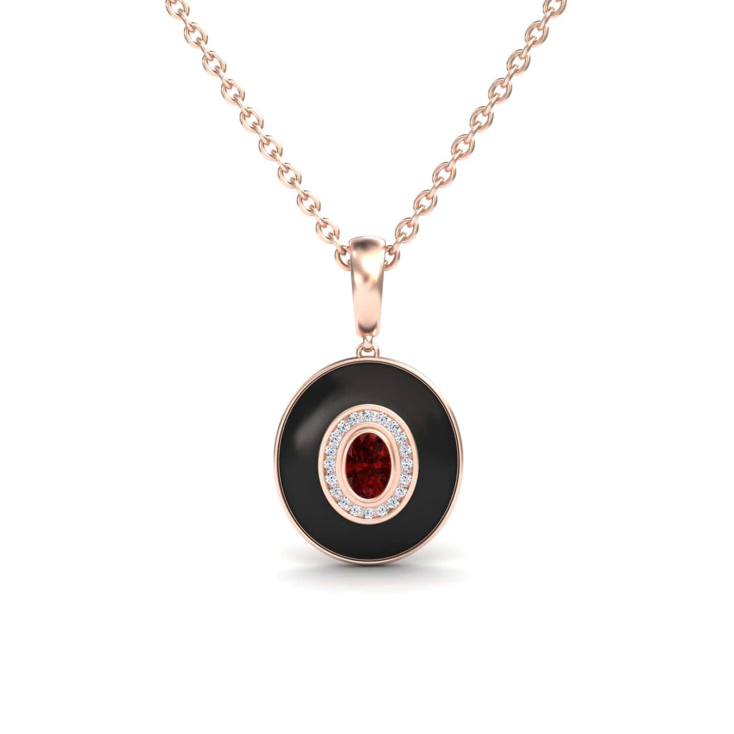 Ruby & Diamond Black Enamel Halo Necklace - Edith