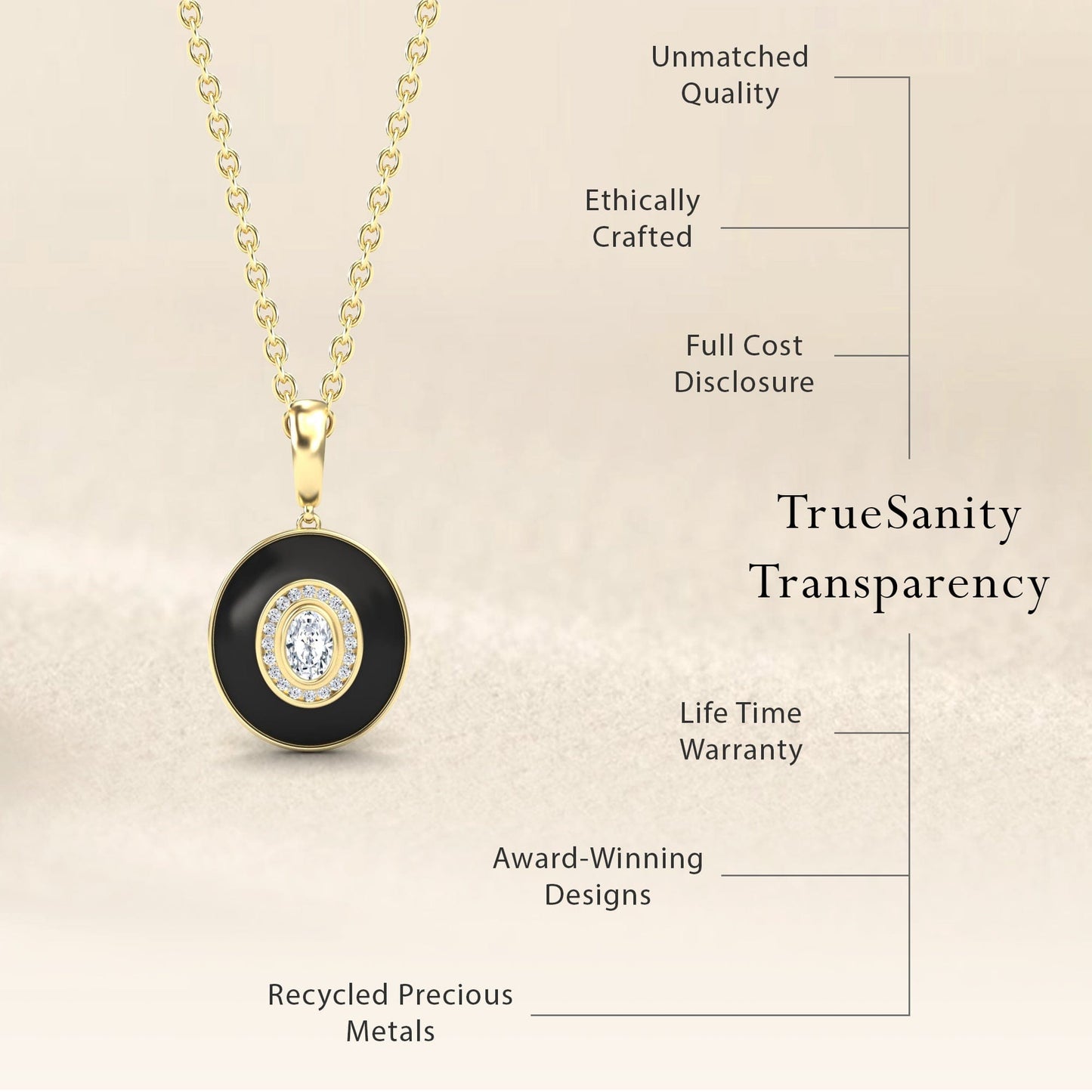 White Diamond Black Enamel Halo Necklace - Edith