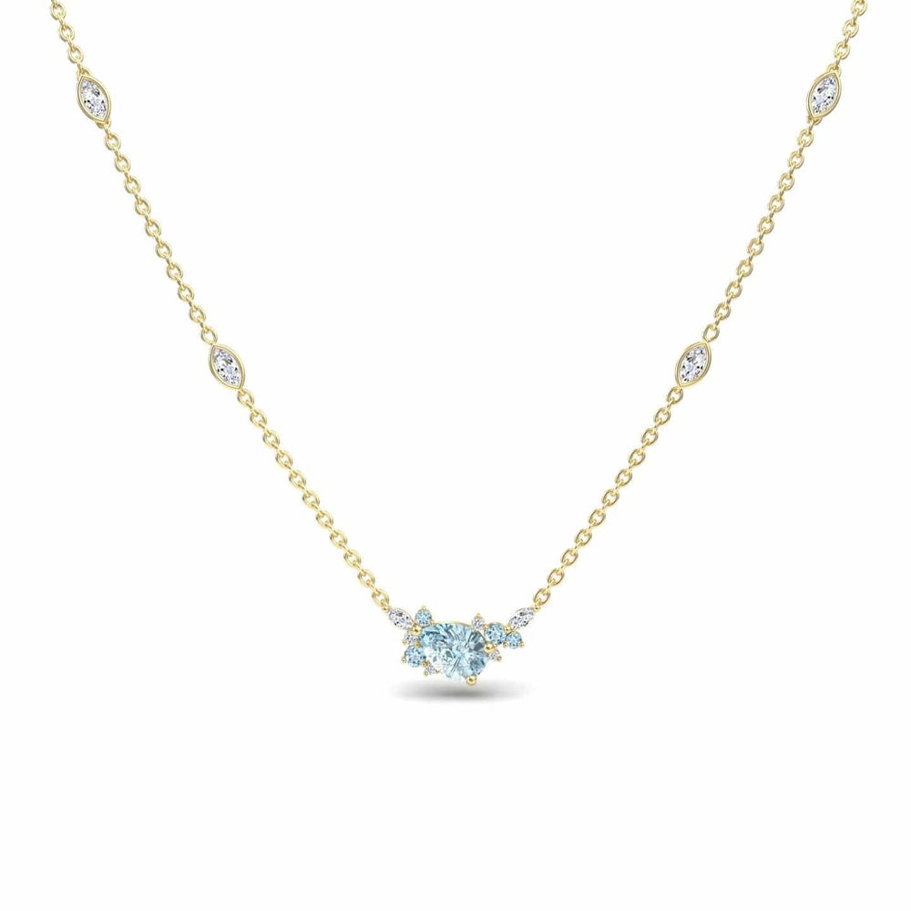 Pear aquamarine and diamond bouquet necklace in 14k yellow gold, view 2