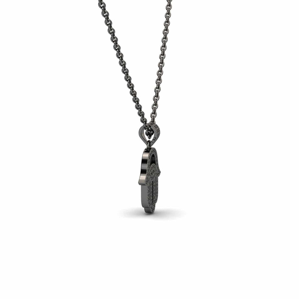 Round black diamond hamsa necklace in 14k blackened gold, view 2