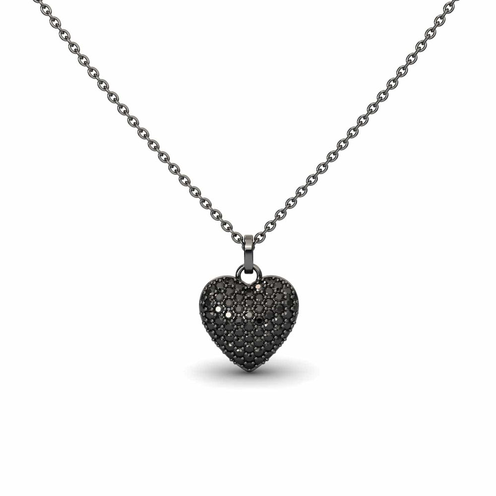 Round black diamond pave heart necklace in 14k blackened gold
