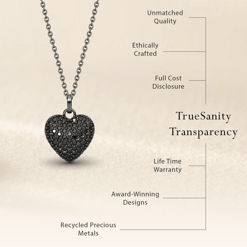Round black diamond pave heart necklace, view 6