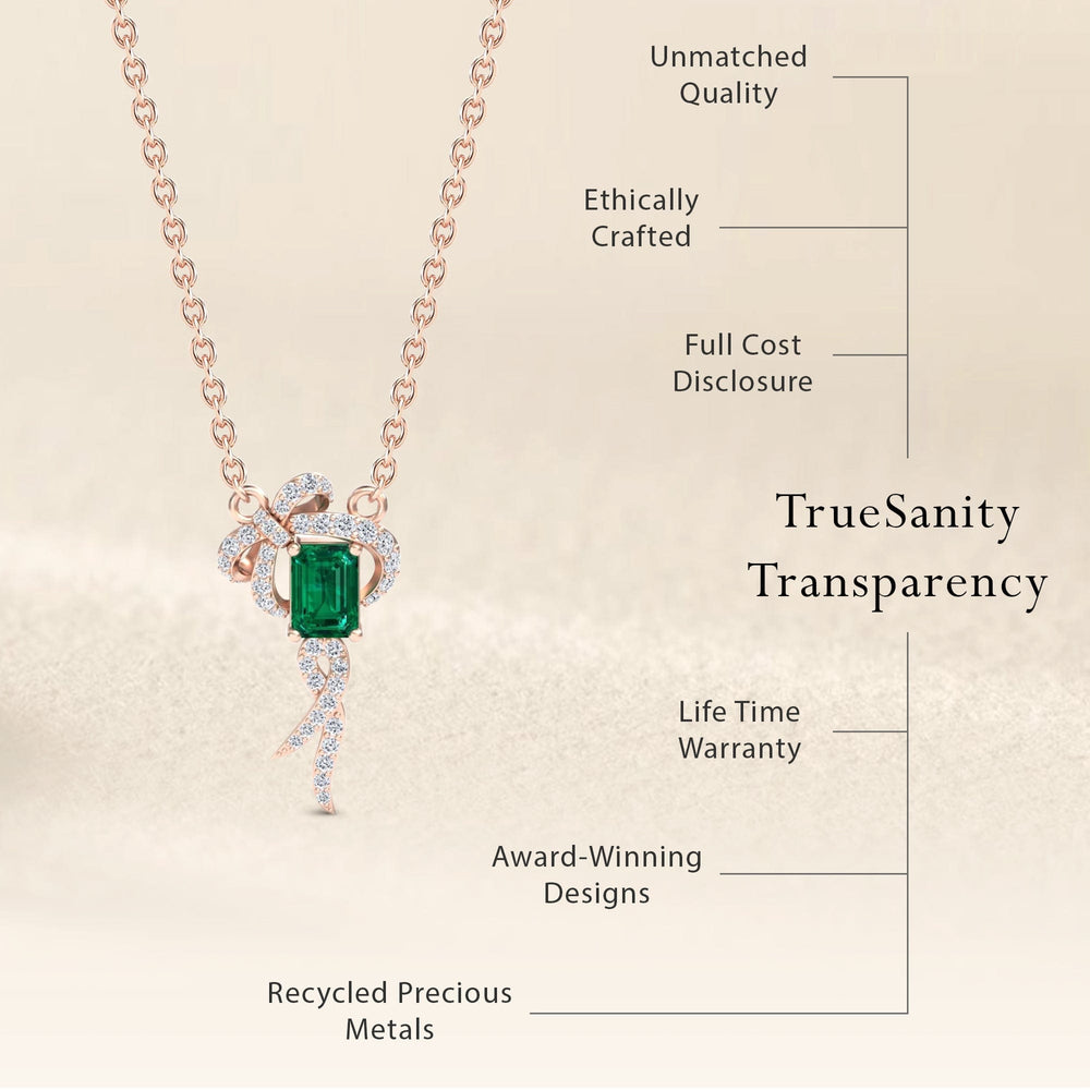 Emerald-cut lab-grown emerald and diamond bow ribbon necklace, view 7