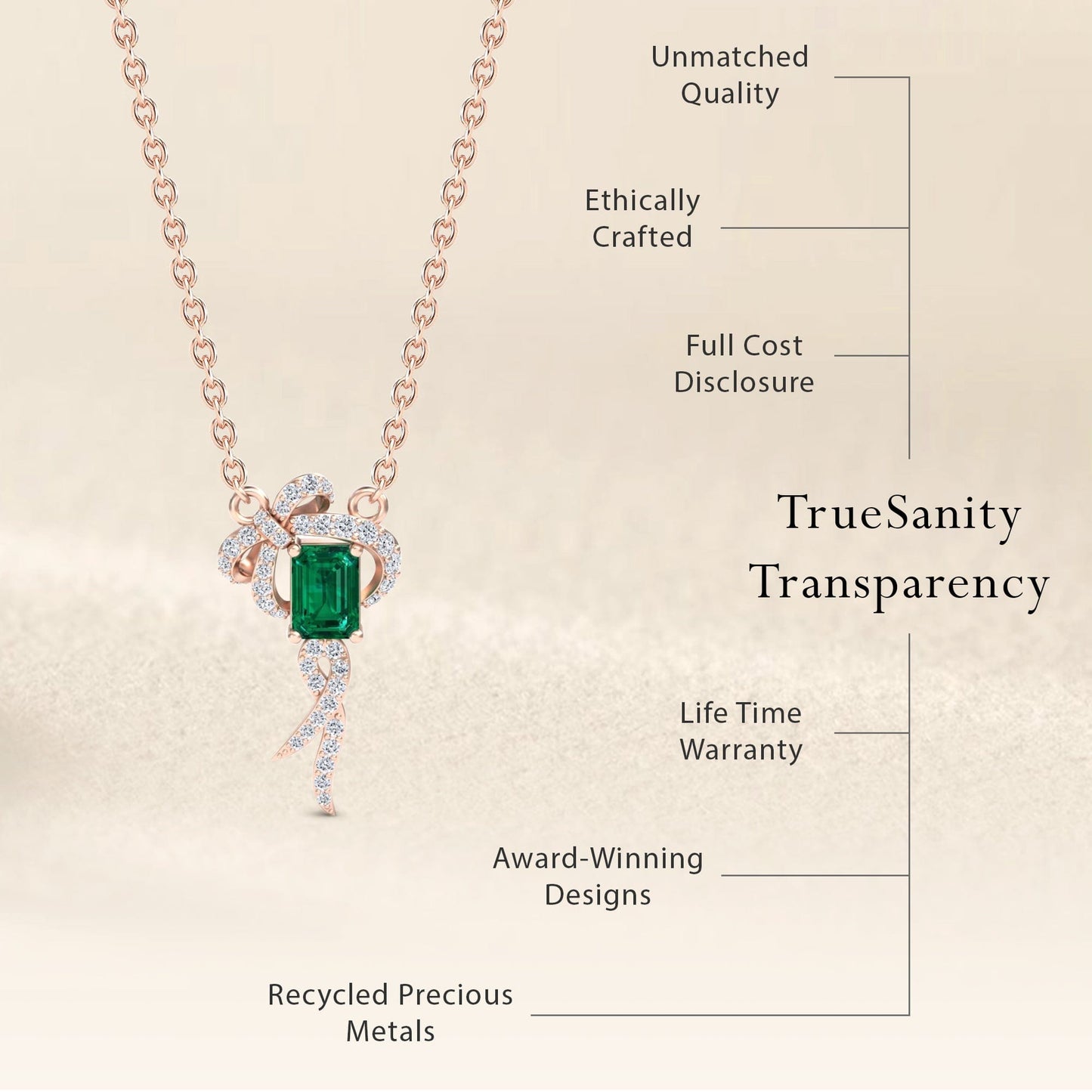 Lab Grown Emerald & Diamond Bow Ribbon Necklace - Meiling