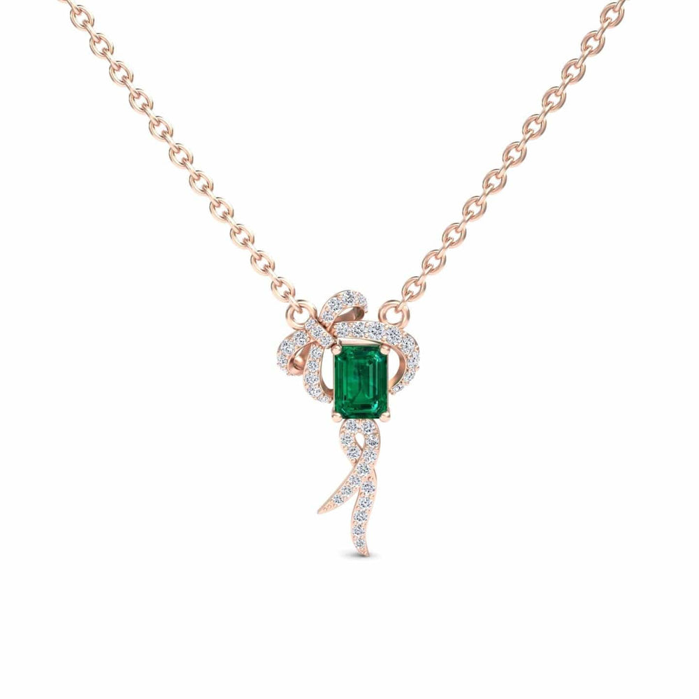 Emerald-cut lab-grown emerald and diamond bow ribbon necklace in 18k rose gold