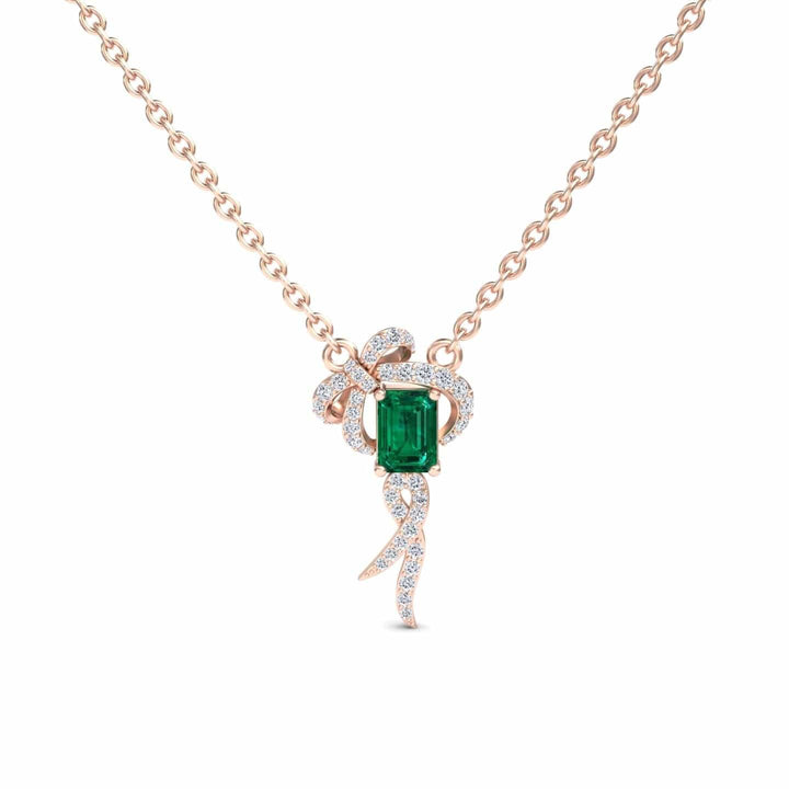 Lab Grown Emerald & Diamond Bow Ribbon Necklace - Meiling