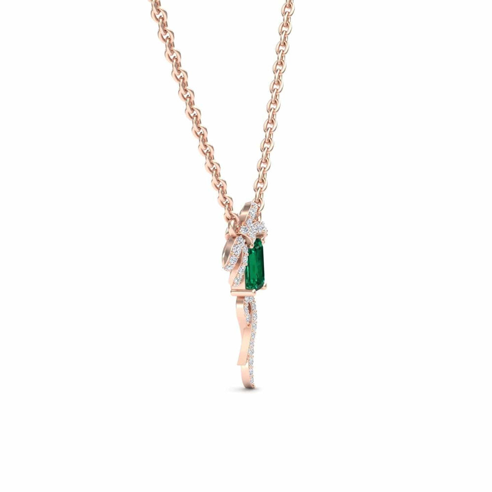 Emerald-cut lab-grown emerald and diamond bow ribbon necklace in 18k rose gold, view 2