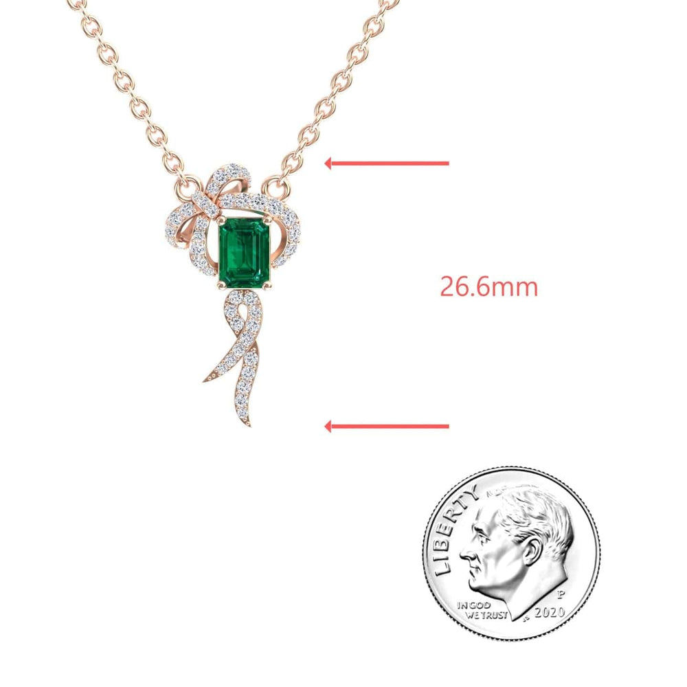 Emerald-cut lab-grown emerald and diamond bow ribbon necklace in 18k rose gold, view 3