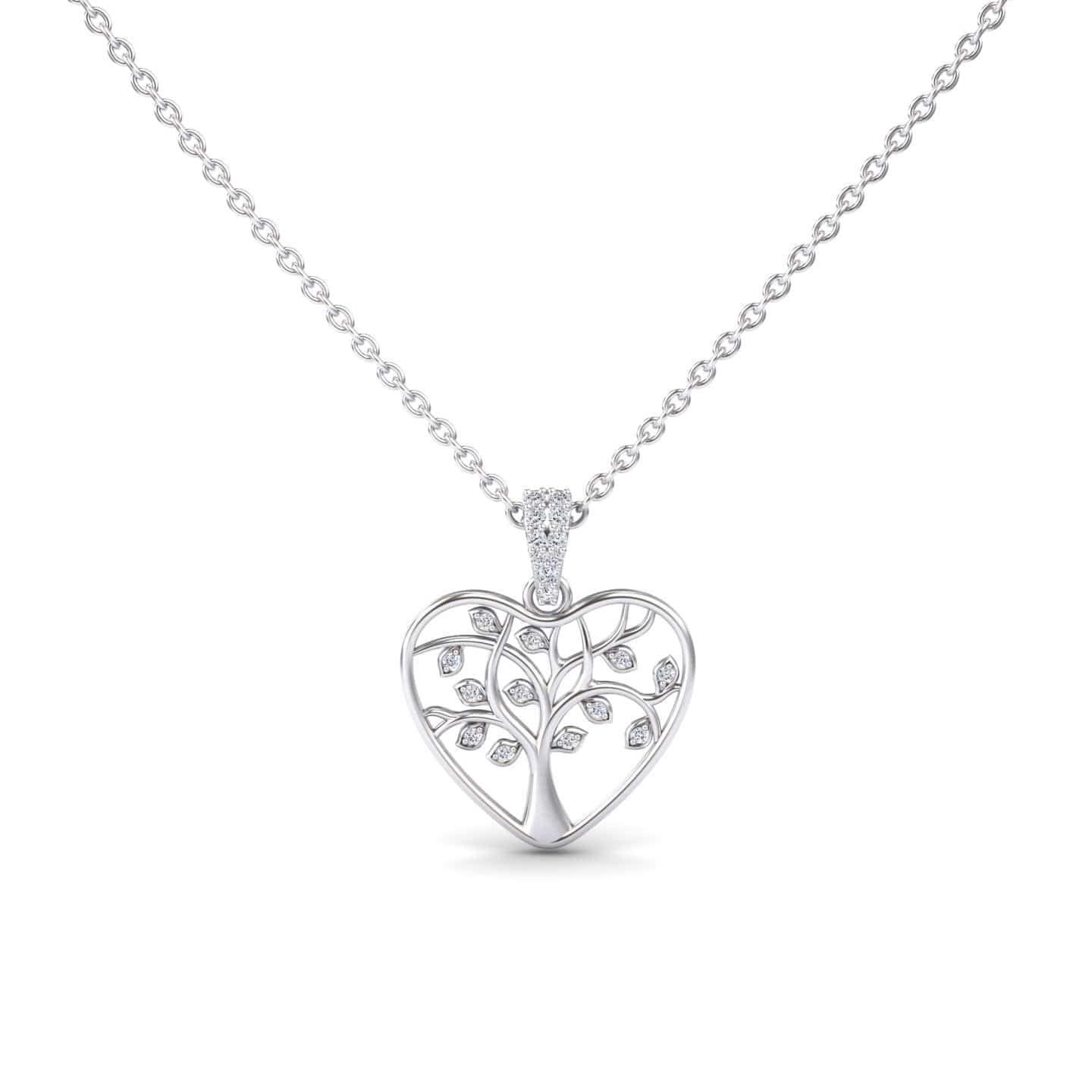 White Diamond Tree of Life Heart Necklace - Amara