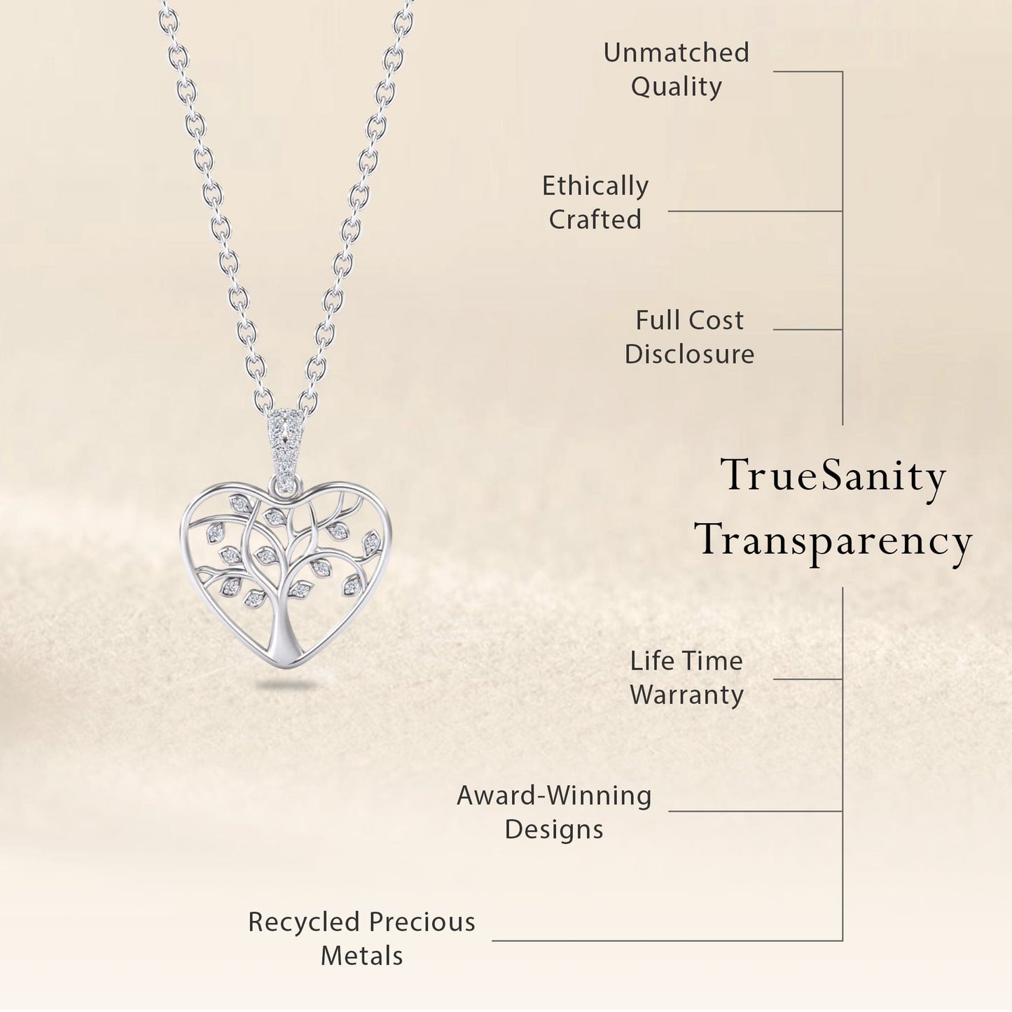 White Diamond Tree of Life Heart Necklace - Amara