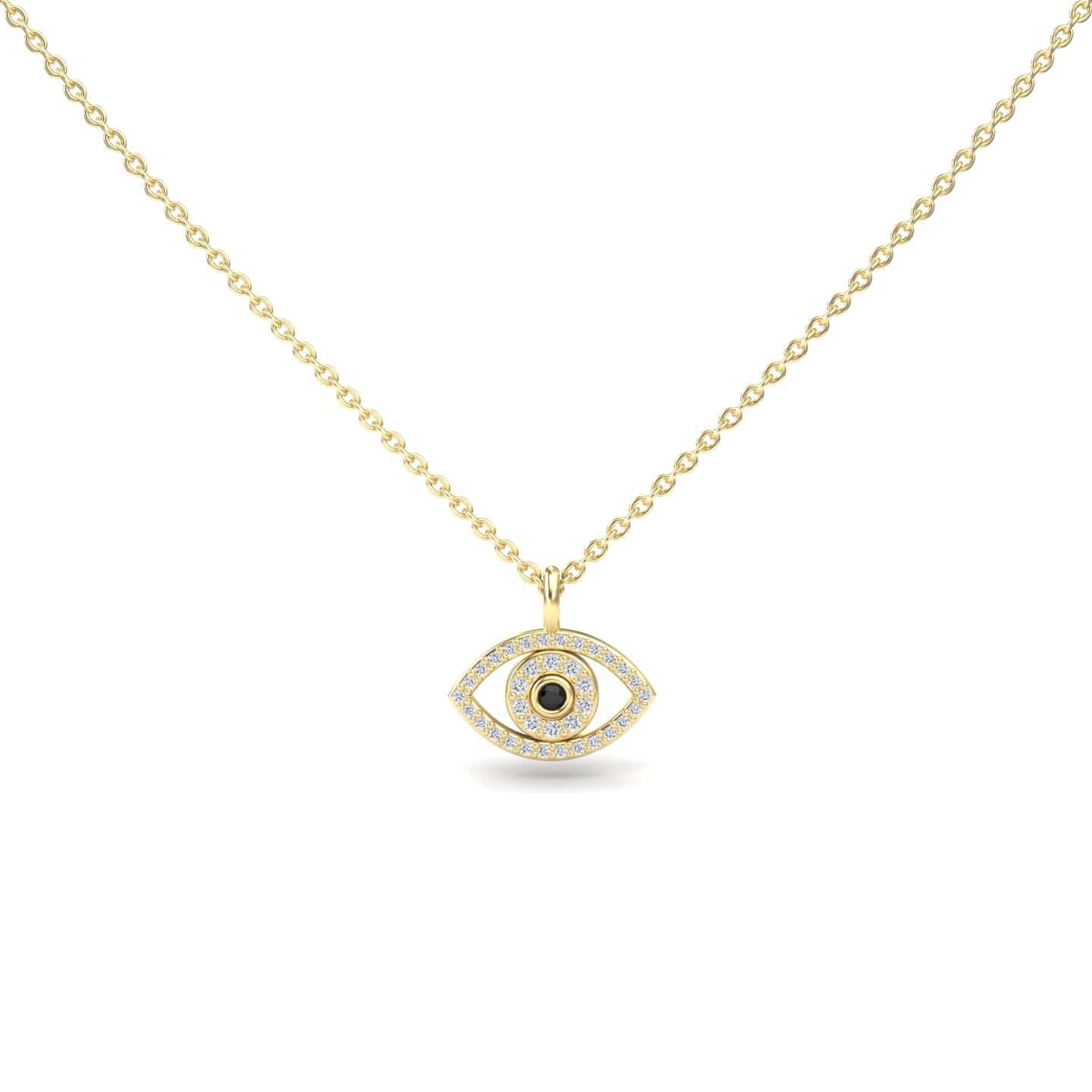The Black & White Diamond Eye Necklace - Elise is a gold chain necklace with an eye-shaped pendant featuring a central black stone and a border of clear stones, shown against a plain white background.