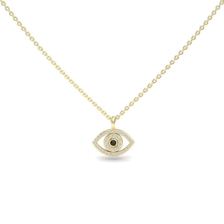 The Black & White Diamond Eye Necklace - Elise is a gold chain necklace with an eye-shaped pendant featuring a central black stone and a border of clear stones, shown against a plain white background.