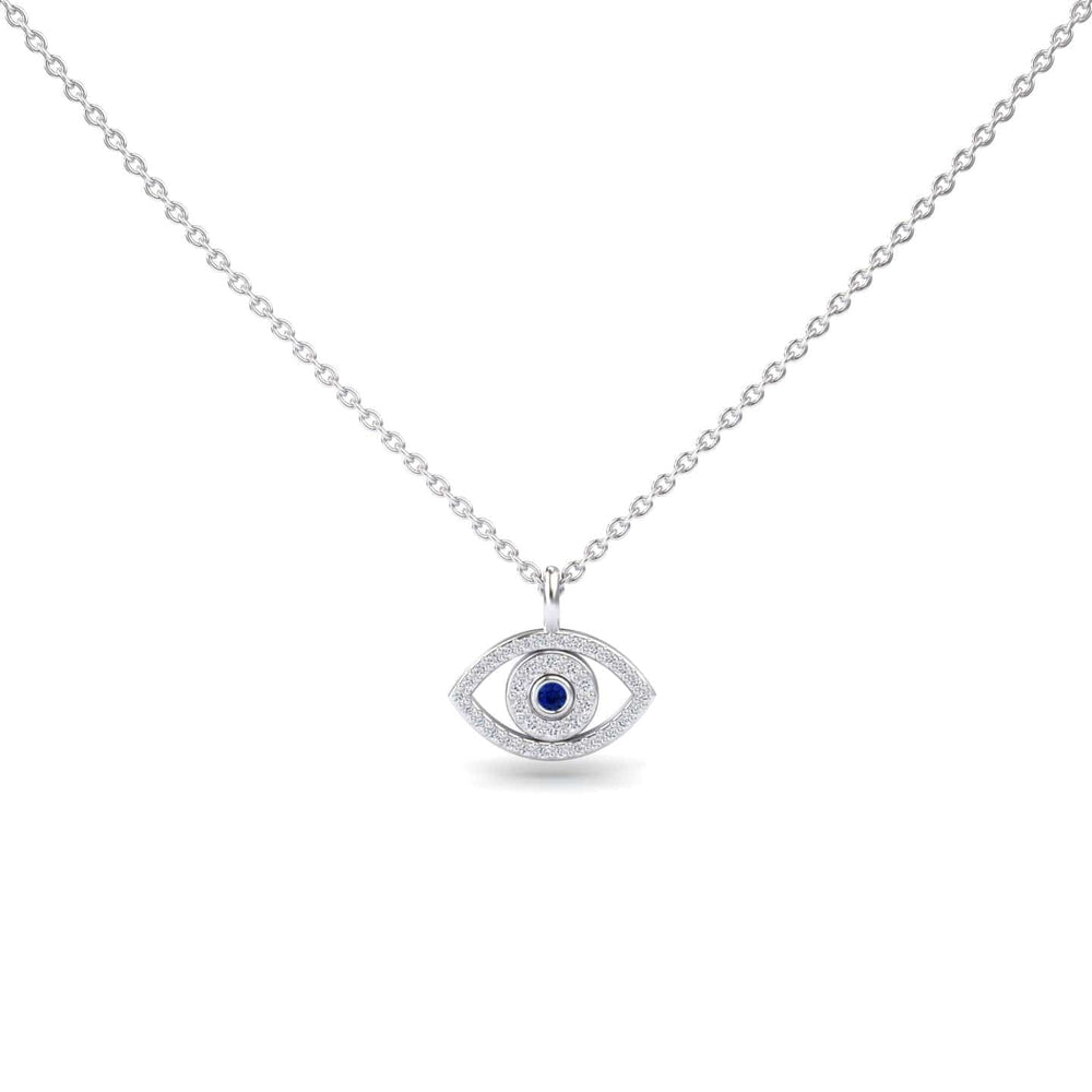 Blue Sapphire & Diamond Eye Necklace - Elise: A silver necklace with an eye-shaped pendant, featuring a blue sapphire center surrounded by small diamonds, displayed on a plain white background.