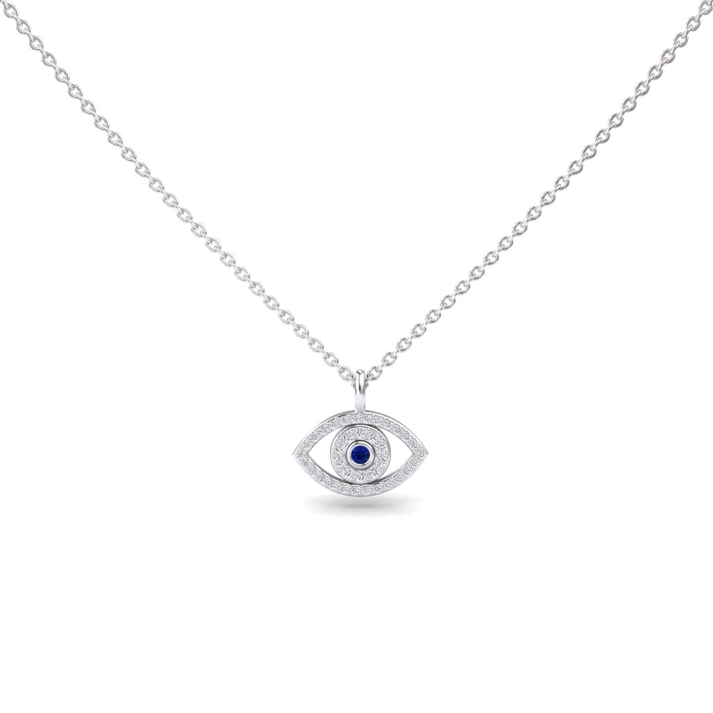 Blue Sapphire & Diamond Eye Necklace - Elise: A silver necklace with an eye-shaped pendant, featuring a blue sapphire center surrounded by small diamonds, displayed on a plain white background.