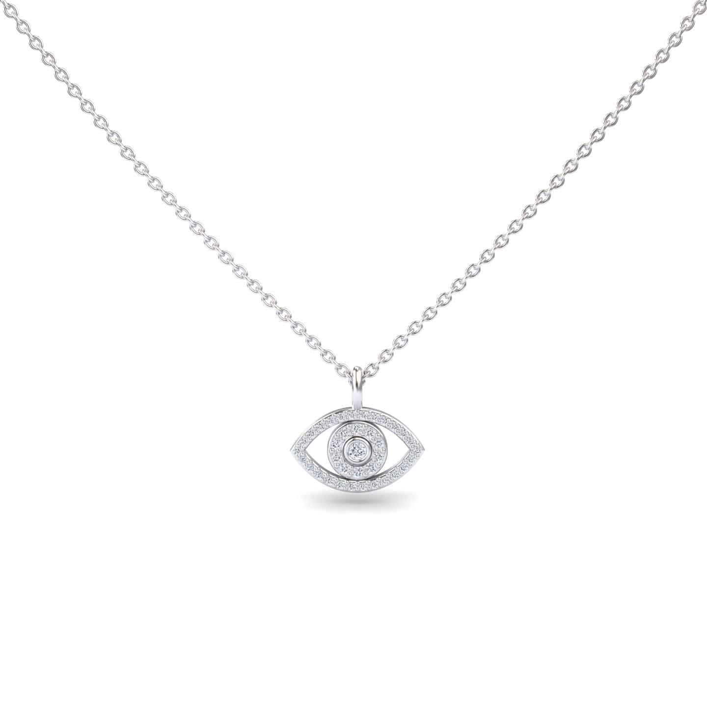 The White Diamond Eye Necklace - Elise is a silver chain necklace with an eye-shaped pendant encrusted with clear stones, displayed on a plain white background.