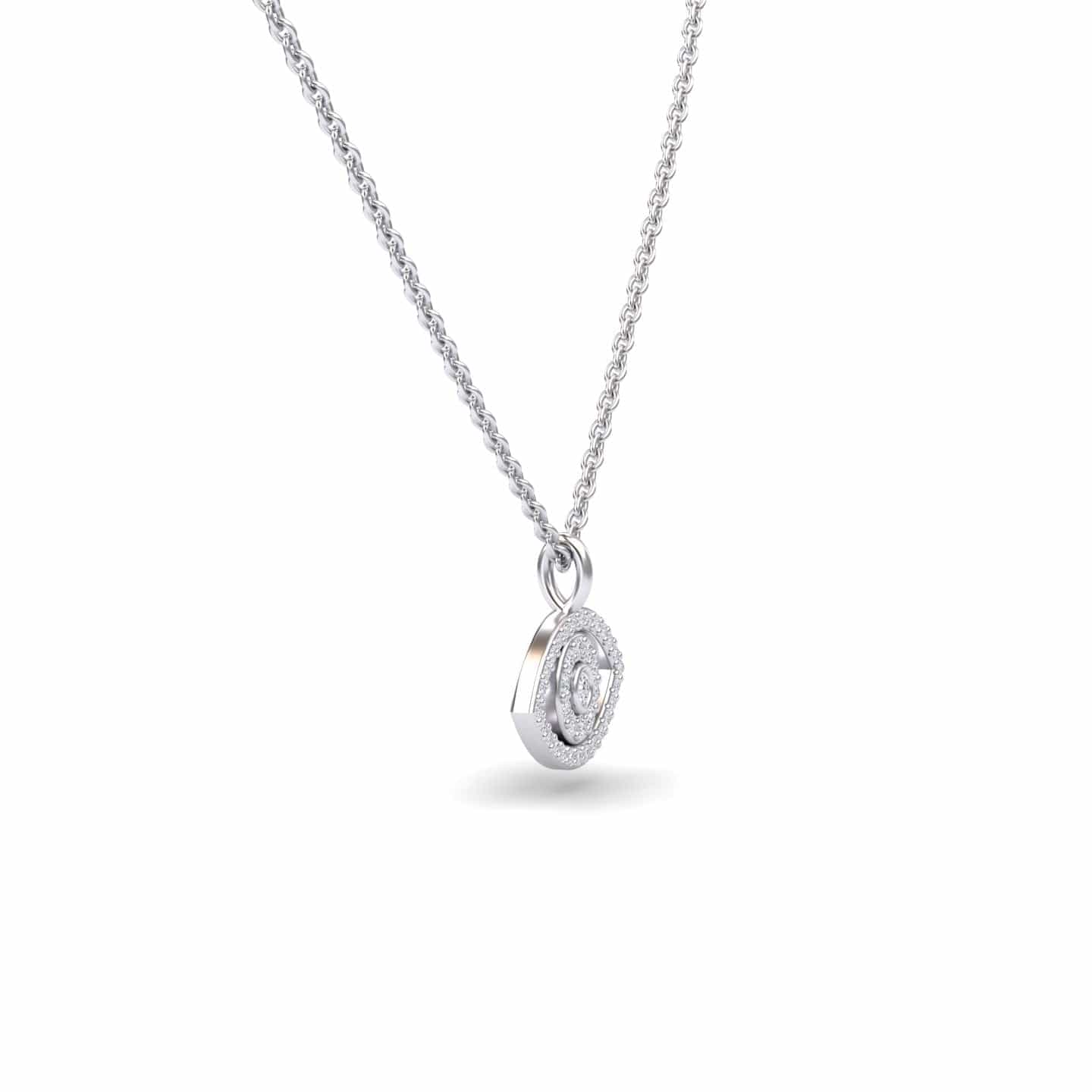The White Diamond Eye Necklace - Elise is a silver chain necklace with a circular pendant featuring concentric layers of sparkling white diamonds, shown on a plain white background.