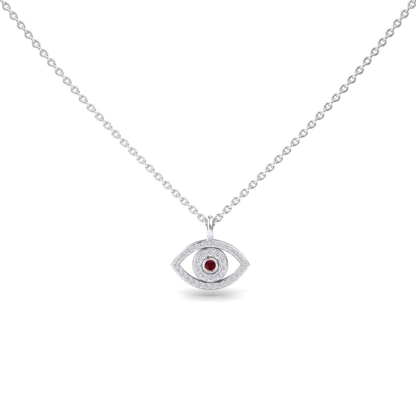 The Ruby & Diamond Eye Necklace - Elise features a silver eye-shaped pendant with a central red gemstone and surrounding clear stones, shown on a plain white background.