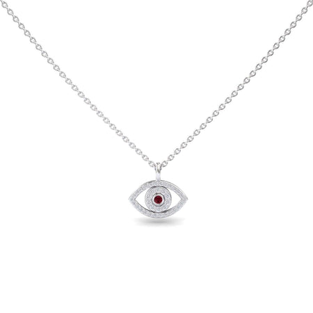 The Ruby & Diamond Eye Necklace - Elise features a silver eye-shaped pendant with a central red gemstone and surrounding clear stones, shown on a plain white background.