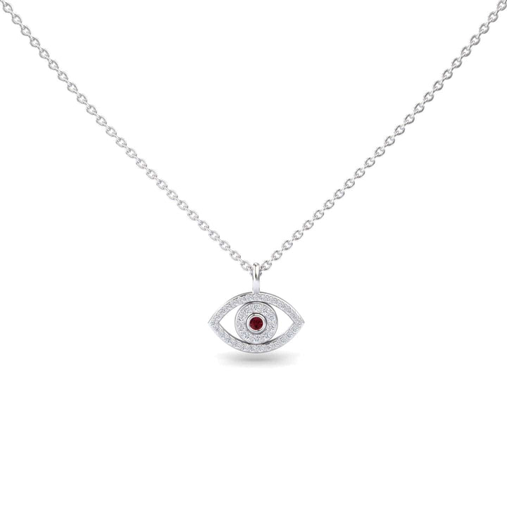 The Ruby & Diamond Eye Necklace - Elise features a silver eye-shaped pendant with a central red gemstone and surrounding clear stones, shown on a plain white background.