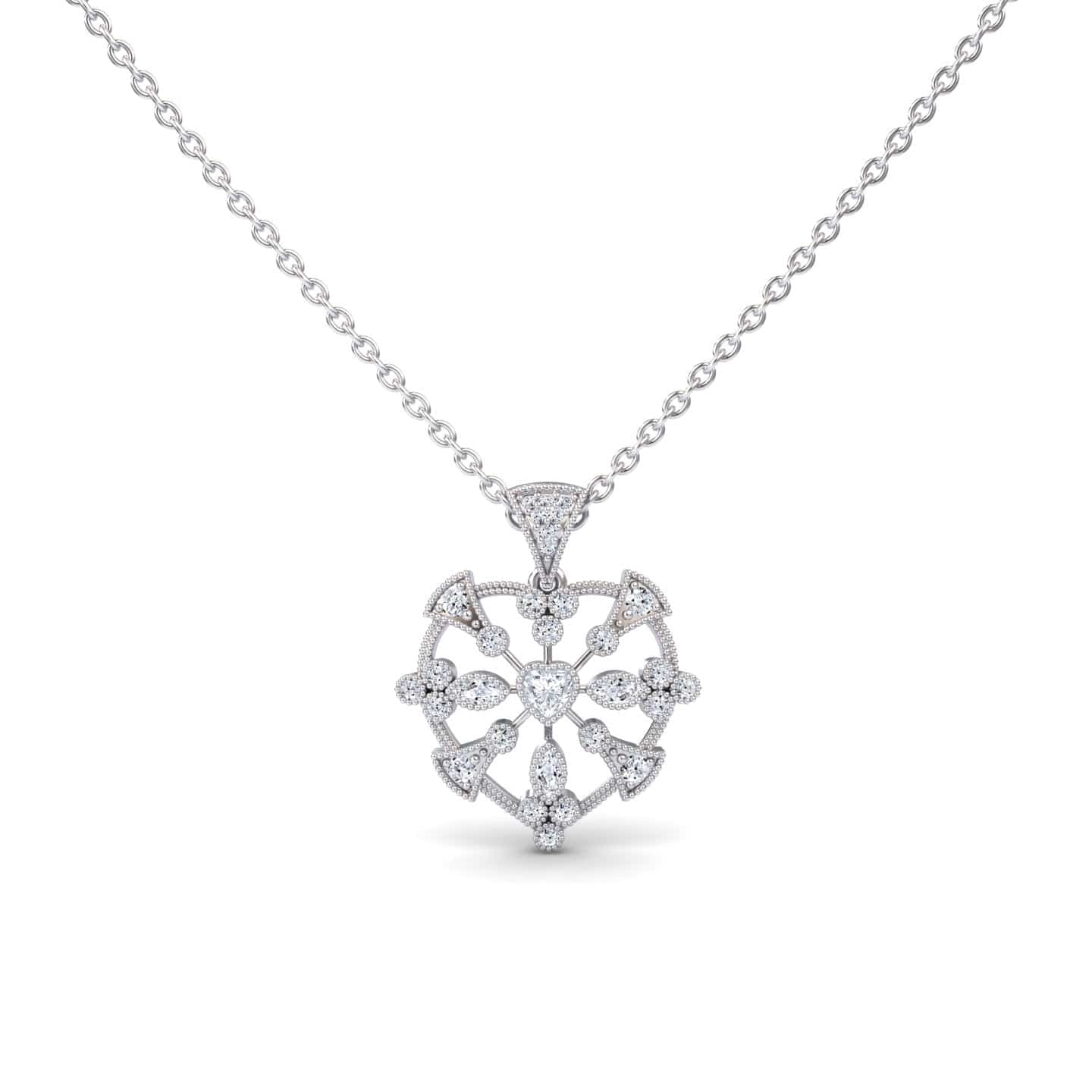 White Diamond Heart Filigree Necklace - Emilia