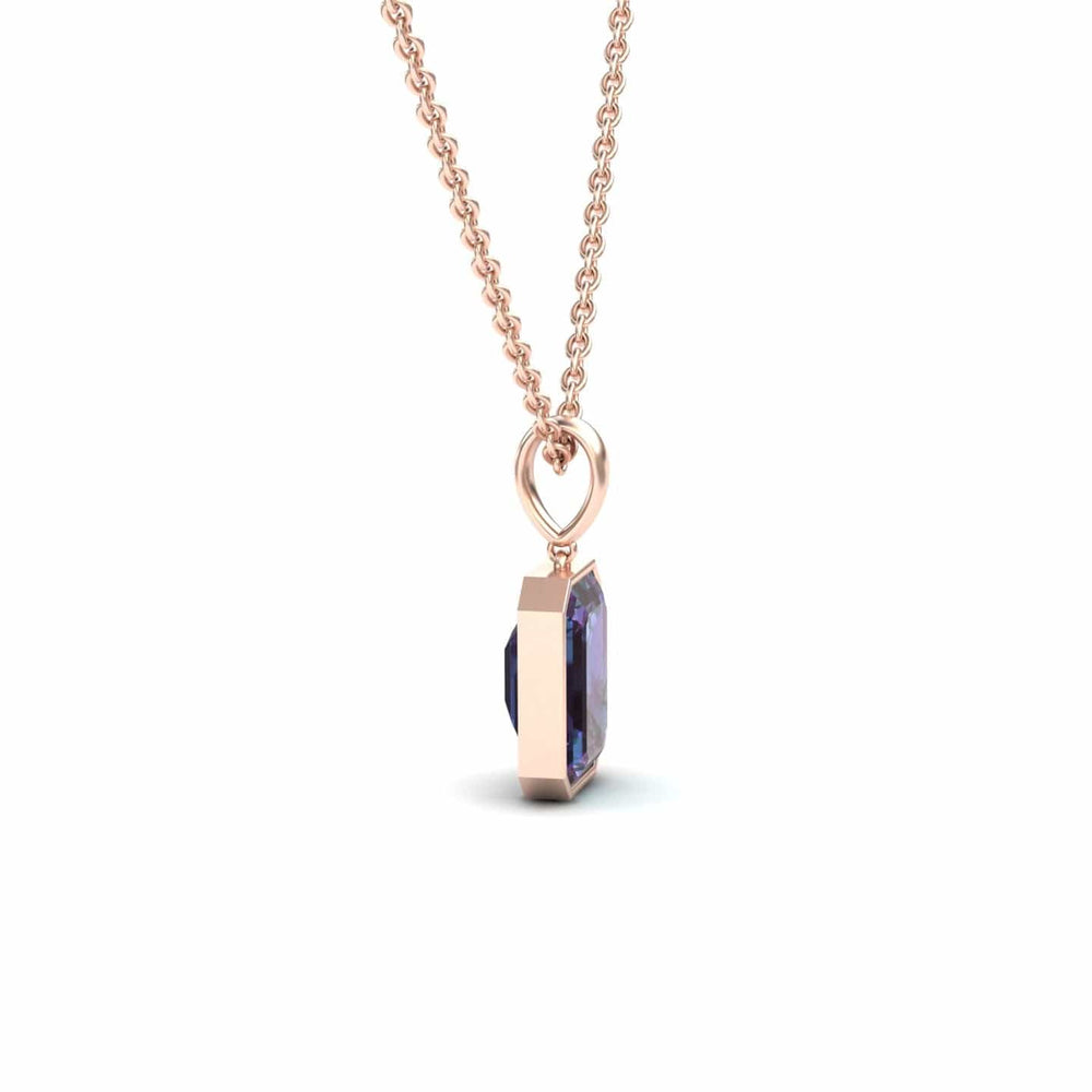 Emerald-cut lab-grown alexandrite solitaire necklace in 14k rose gold, view 2