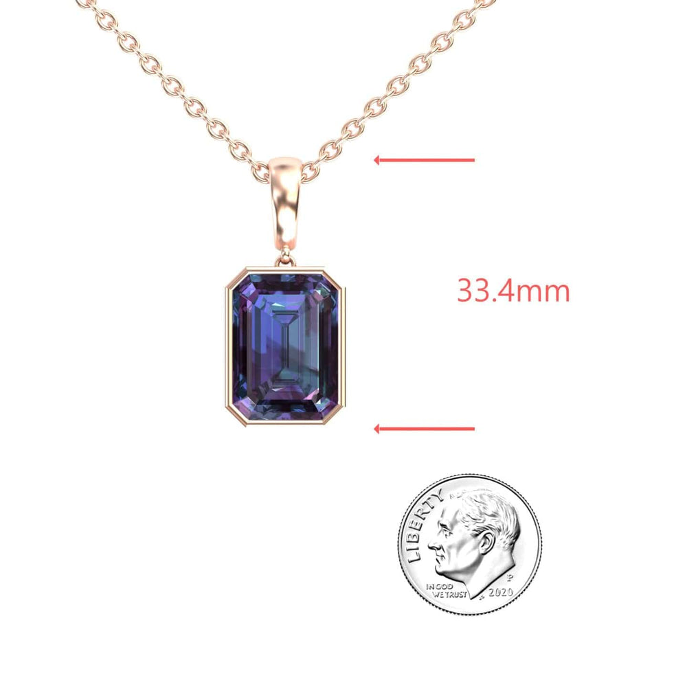 Emerald-cut lab-grown alexandrite solitaire necklace in 14k rose gold, view 3