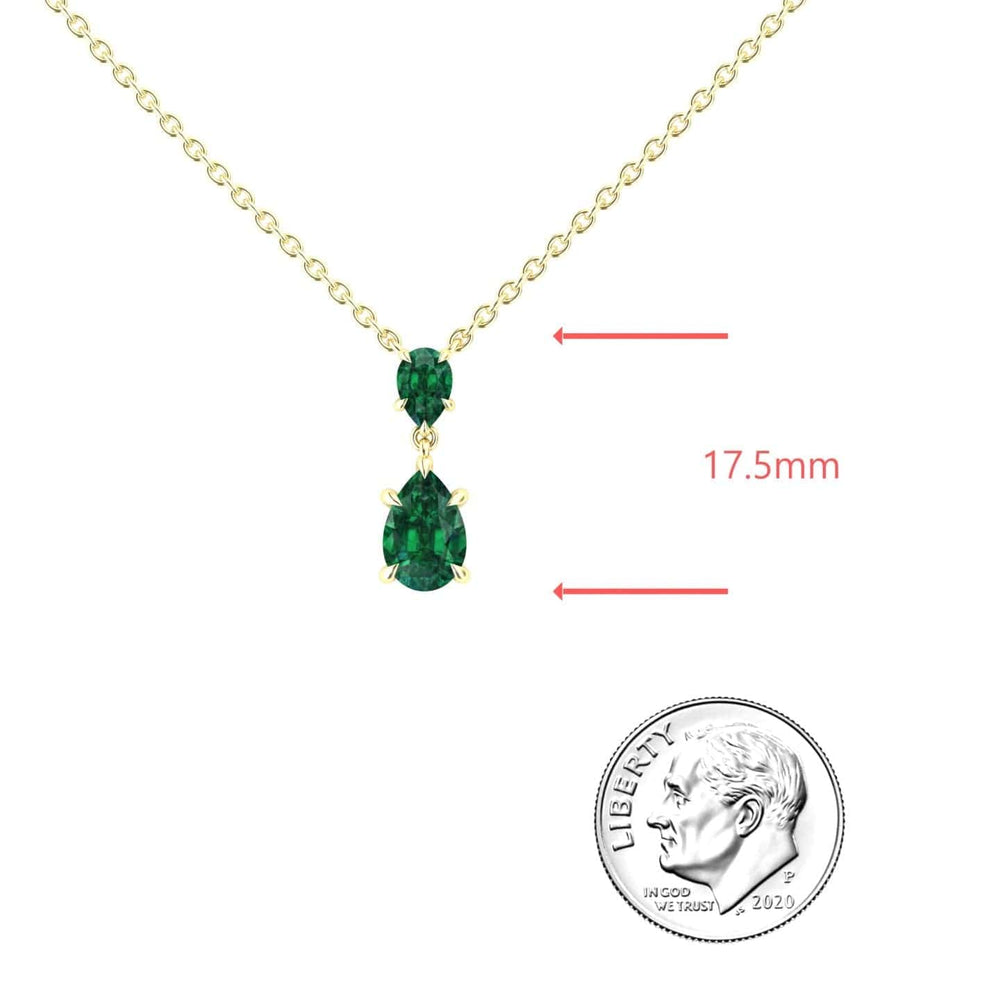 Pear lab-grown emerald double drop necklace in 14k yellow gold, view 3