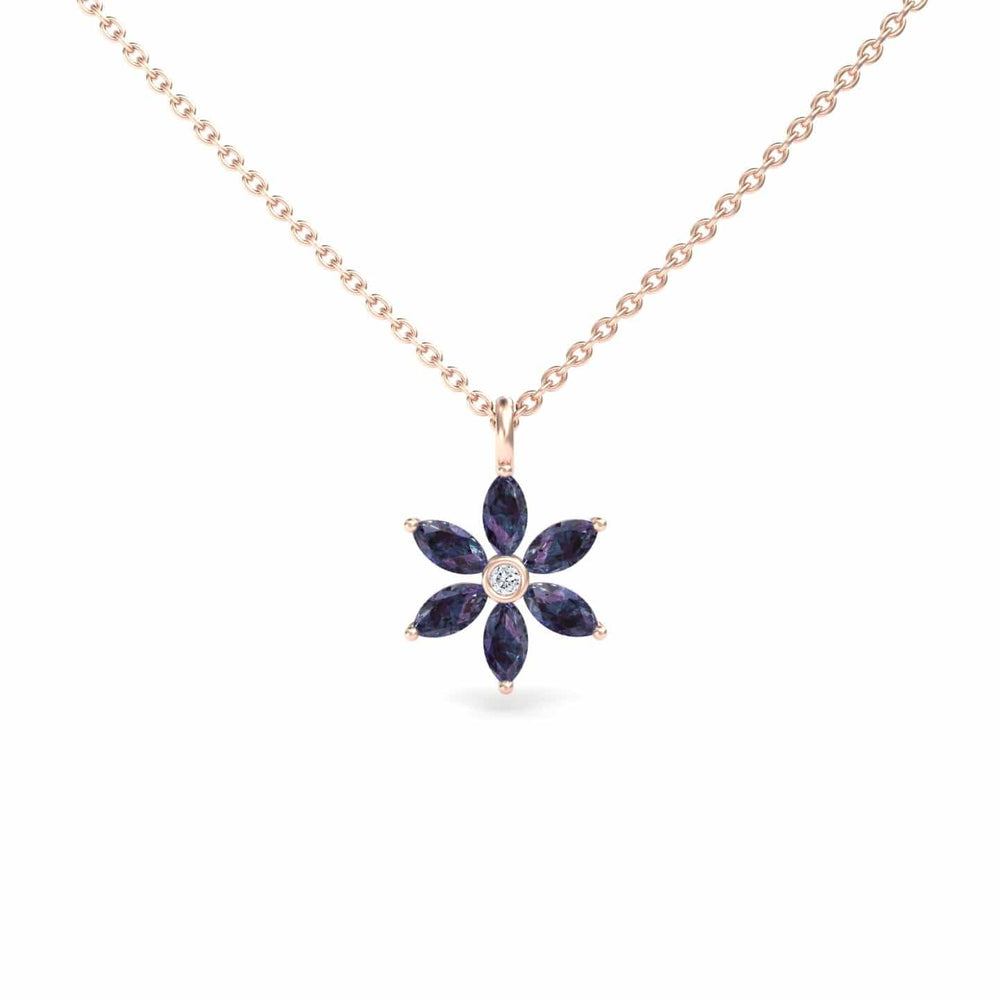 Marquise lab-grown alexandrite and diamond floral necklace in 14k rose gold