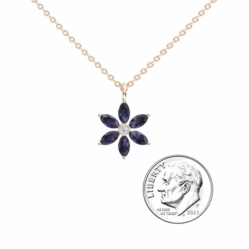 Marquise lab-grown alexandrite and diamond floral necklace in 14k rose gold, view 3