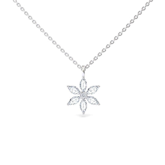 The White Diamond Floral Necklace - Erin is a delicate silver piece with a six-petal flower pendant, each petal set with small clear gemstones and a round gem at the center, displayed on a plain white background.
