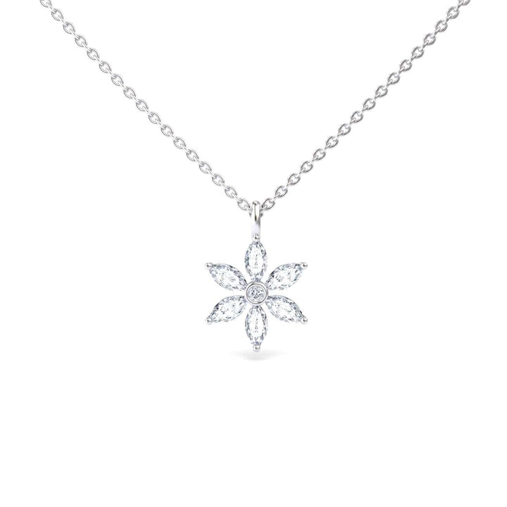 The White Diamond Floral Necklace - Erin is a delicate silver piece with a six-petal flower pendant, each petal set with small clear gemstones and a round gem at the center, displayed on a plain white background.