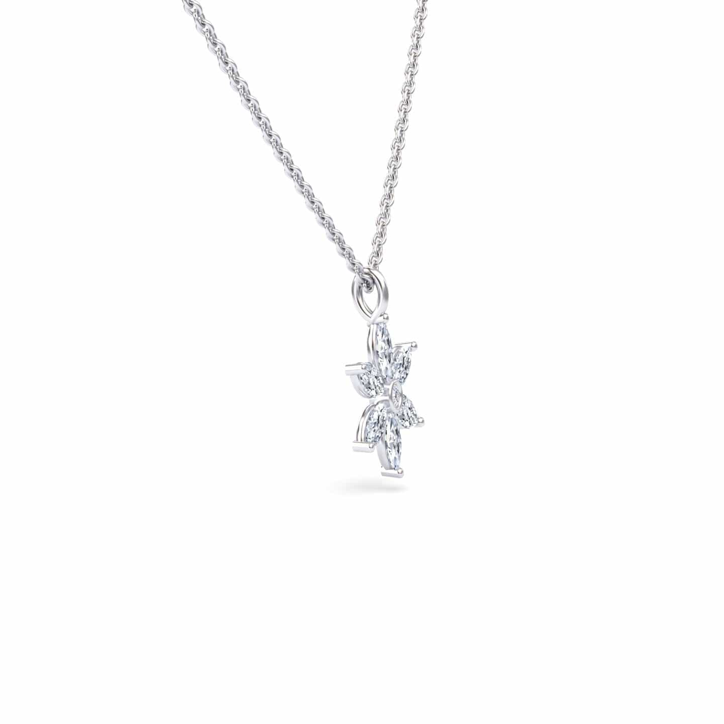 The White Diamond Floral Necklace - Erin features a silver chain with a pendant showcasing three marquise-cut diamonds in a delicate floral design against a white background.