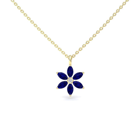 The Lab Grown Blue Sapphire & Diamond Floral Necklace - Erin features a gold chain with a flower-shaped pendant, six blue marquise lab-grown sapphires as petals, and a round lab-grown diamond at the center.