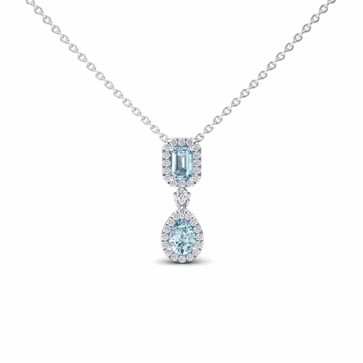 Aquamarine & Diamond Double Halo Drop Necklace - Sarai