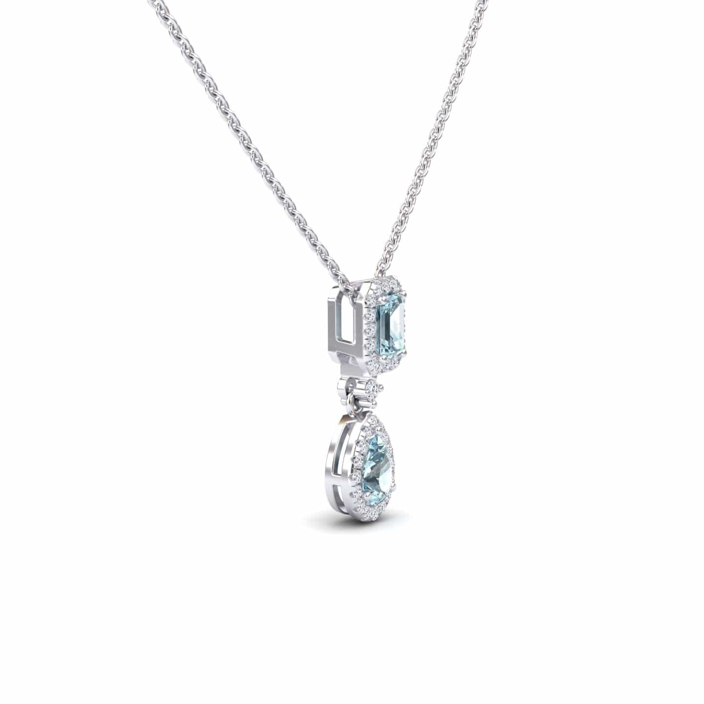 Aquamarine & Diamond Double Halo Drop Necklace - Sarai
