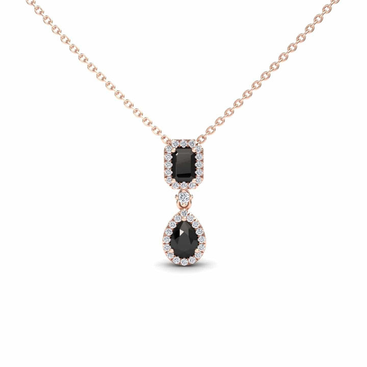 Black & White Diamond Double Halo Drop Necklace - Sarai