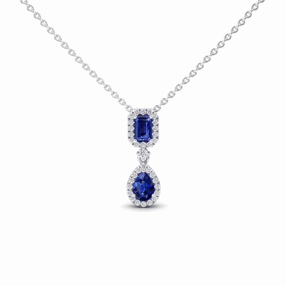 Blue Sapphire & Diamond Double Halo Drop Necklace - Sarai
