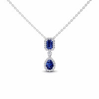 Blue Sapphire & Diamond Double Halo Drop Necklace - Sarai
