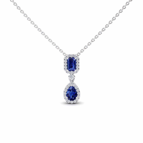 Blue Sapphire & Diamond Double Halo Drop Necklace - Sarai