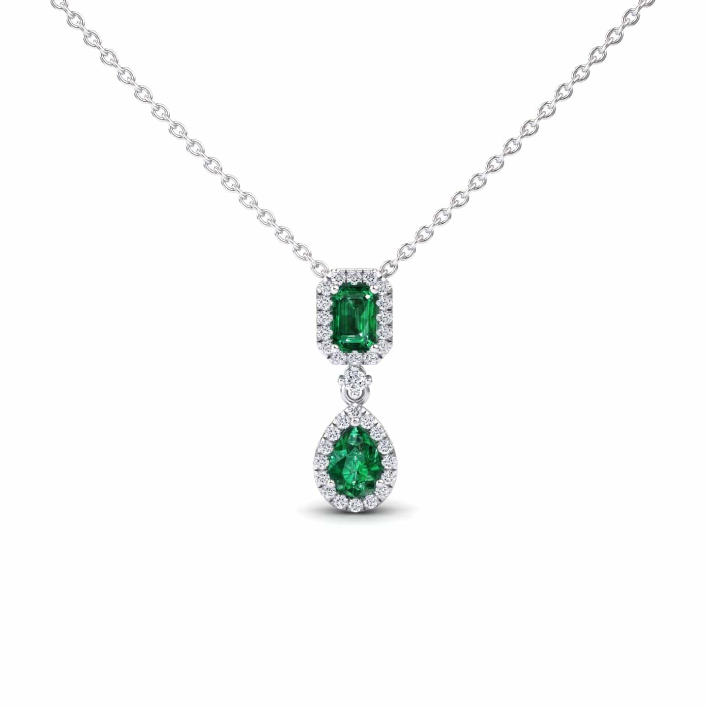 Emerald & Diamond Double Halo Drop Necklace - Sarai