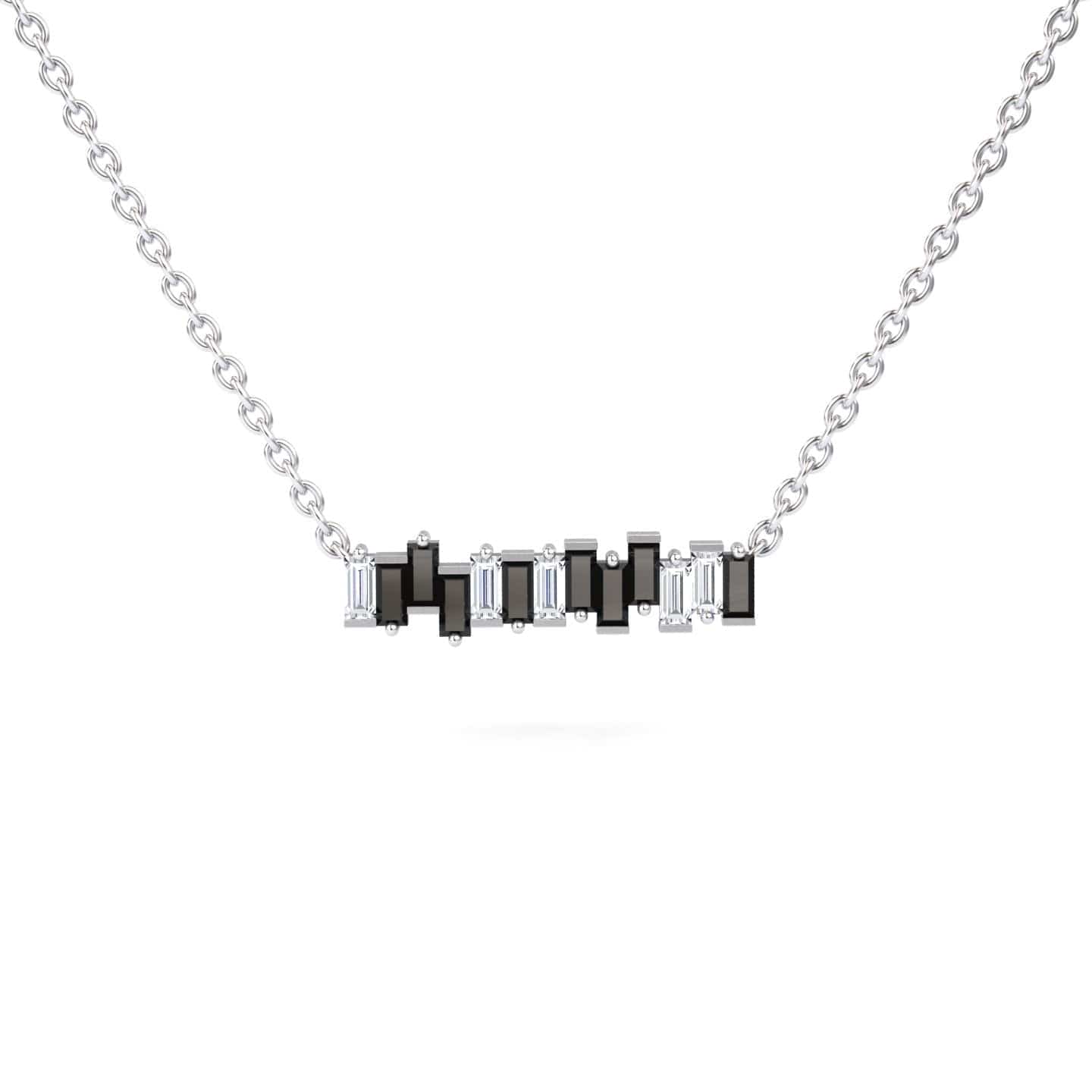 The Black & White Diamond Geometric Bar Necklace - Fernanda features a minimalist silver chain with alternating black and clear rectangular stones in a modern horizontal design, displayed on a plain white background.