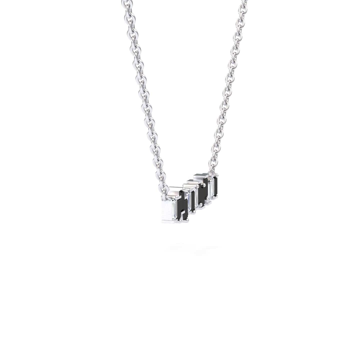 The Black & White Diamond Geometric Bar Necklace - Fernanda features a silver chain with small rectangular black and silver pendants evenly spaced along the center, set against a plain white background.