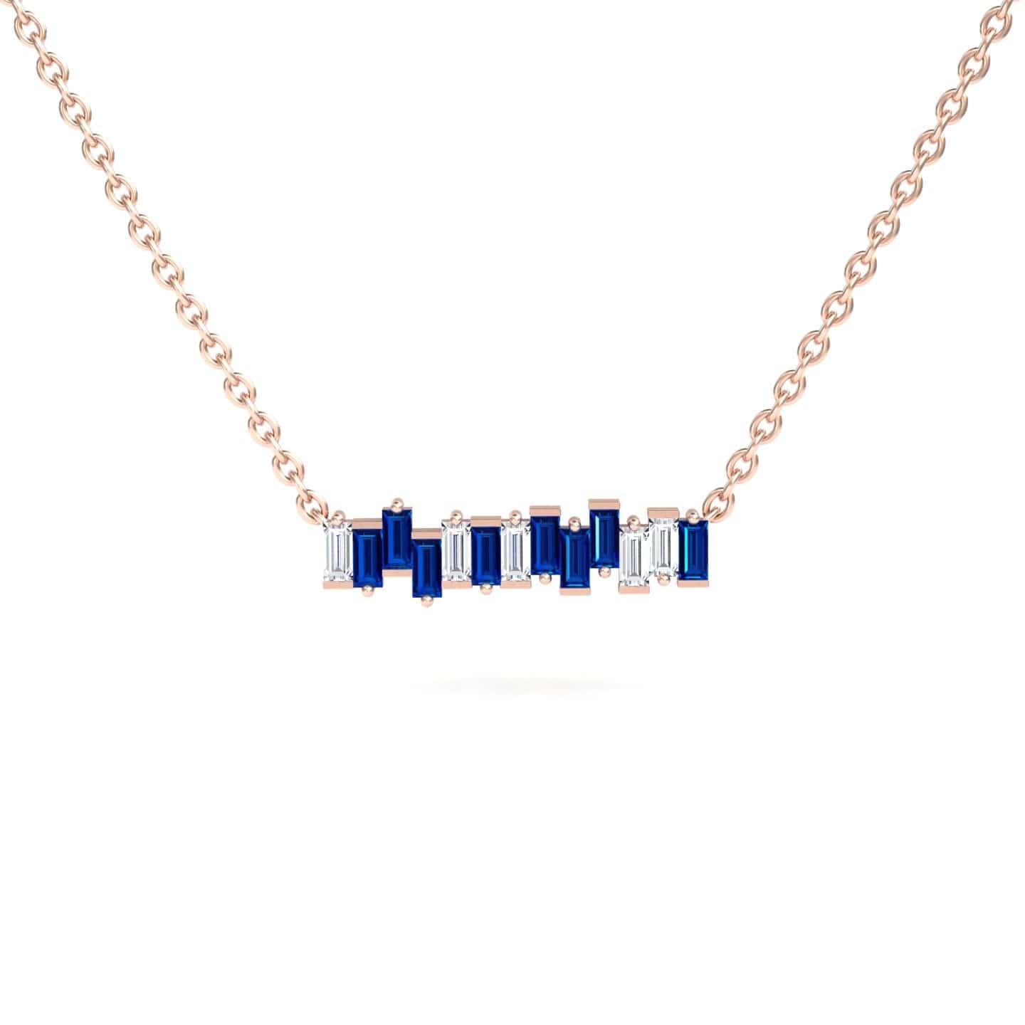 The Lab Grown Blue Sapphire & Diamond Geometric Bar Necklace - Fernanda features a rose gold chain and a horizontal bar pendant with alternating rectangular blue sapphires and diamonds in a modern, geometric design.