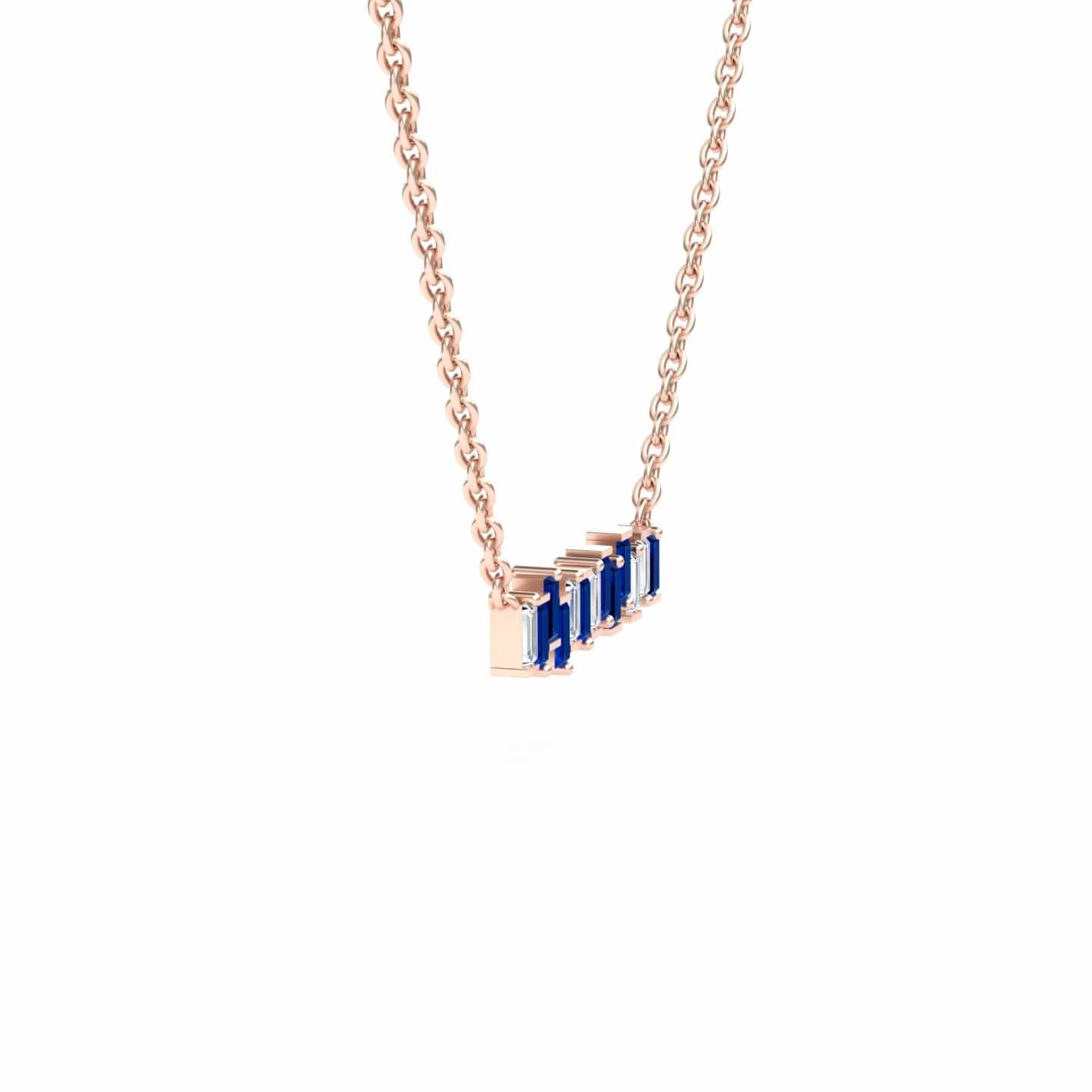 The Lab Grown Blue Sapphire & Diamond Geometric Bar Necklace - Fernanda features a rose gold chain and a pendant with five rectangular blue sapphires in a row, set against a white background.