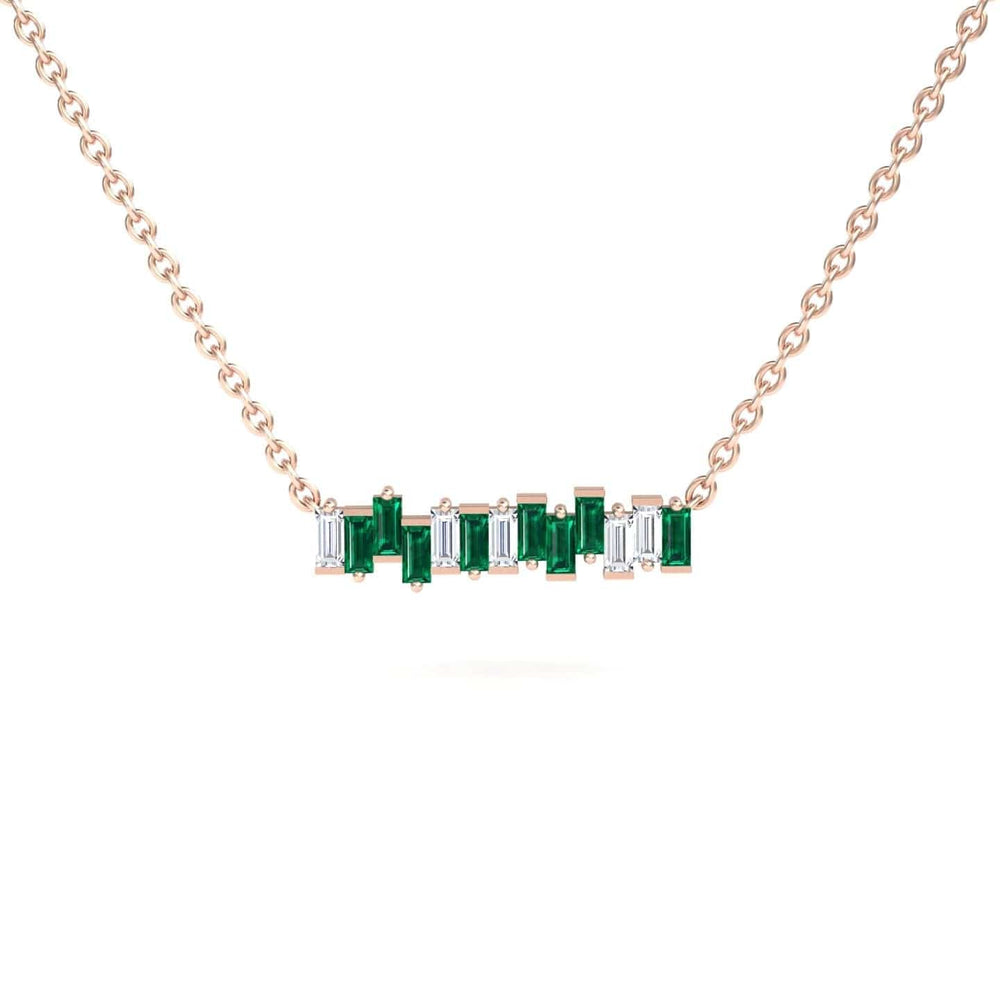 The Lab Grown Emerald & Diamond Geometric Bar Necklace - Fernanda features a gold chain with a horizontal bar pendant set with alternating green emerald and clear diamond stones, showcased against a white background.
